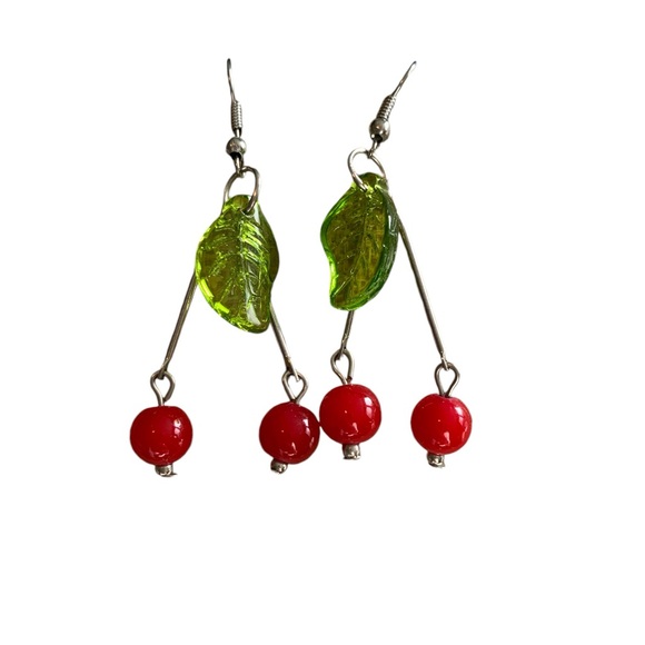 Elegant Vintage Green and Red Leaf and Cherry Earrings - Picture 3 of 5